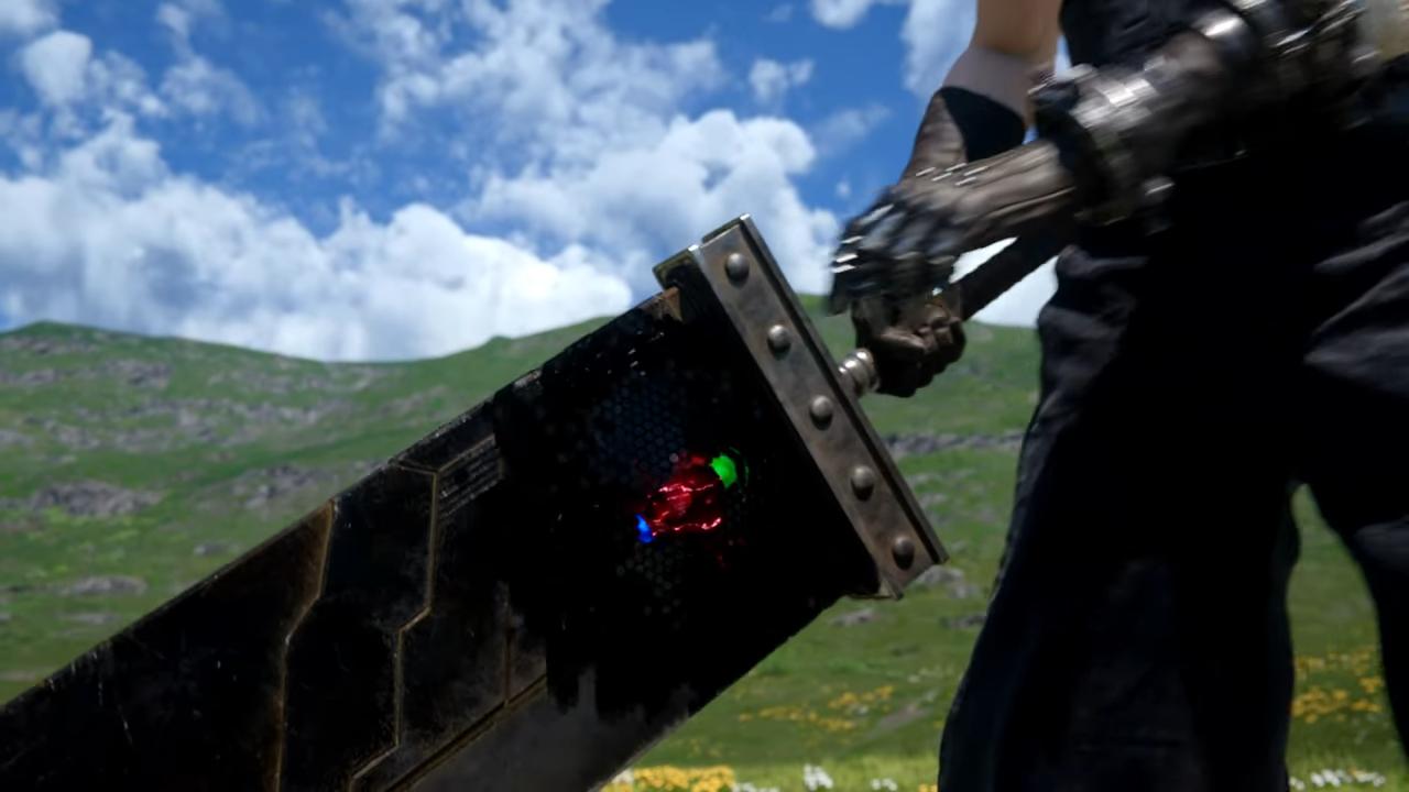 Cloud slots the Black Materia into the Buster Sword.