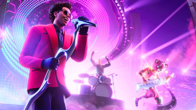 Two Fortnite Festival characters play guitar and sing lead vocals on a purple, psychedelic-themed stage