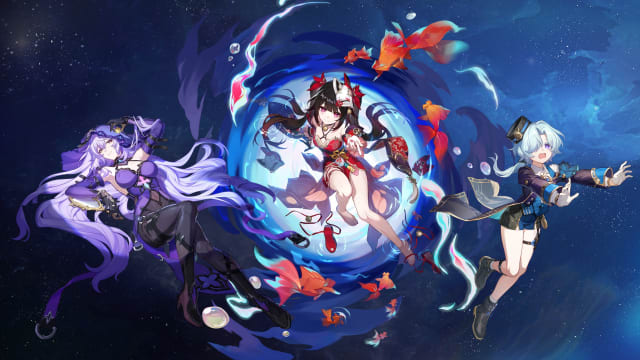 Honkai: Star Rail artwork of Black Swan, Sparkle, and Misha on space background.