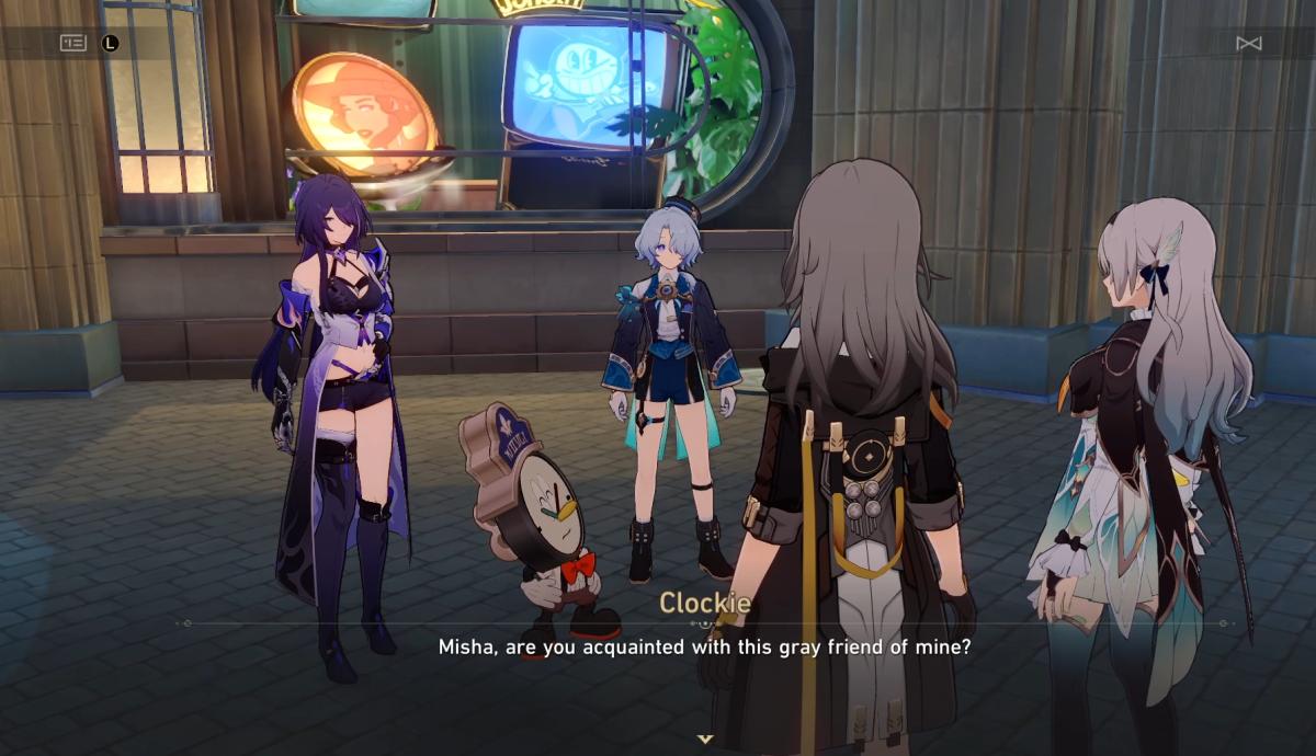 Honkai: Star Rail screenshot of Acheron, Clockie, Misha, Trailblazer, and Firefly.