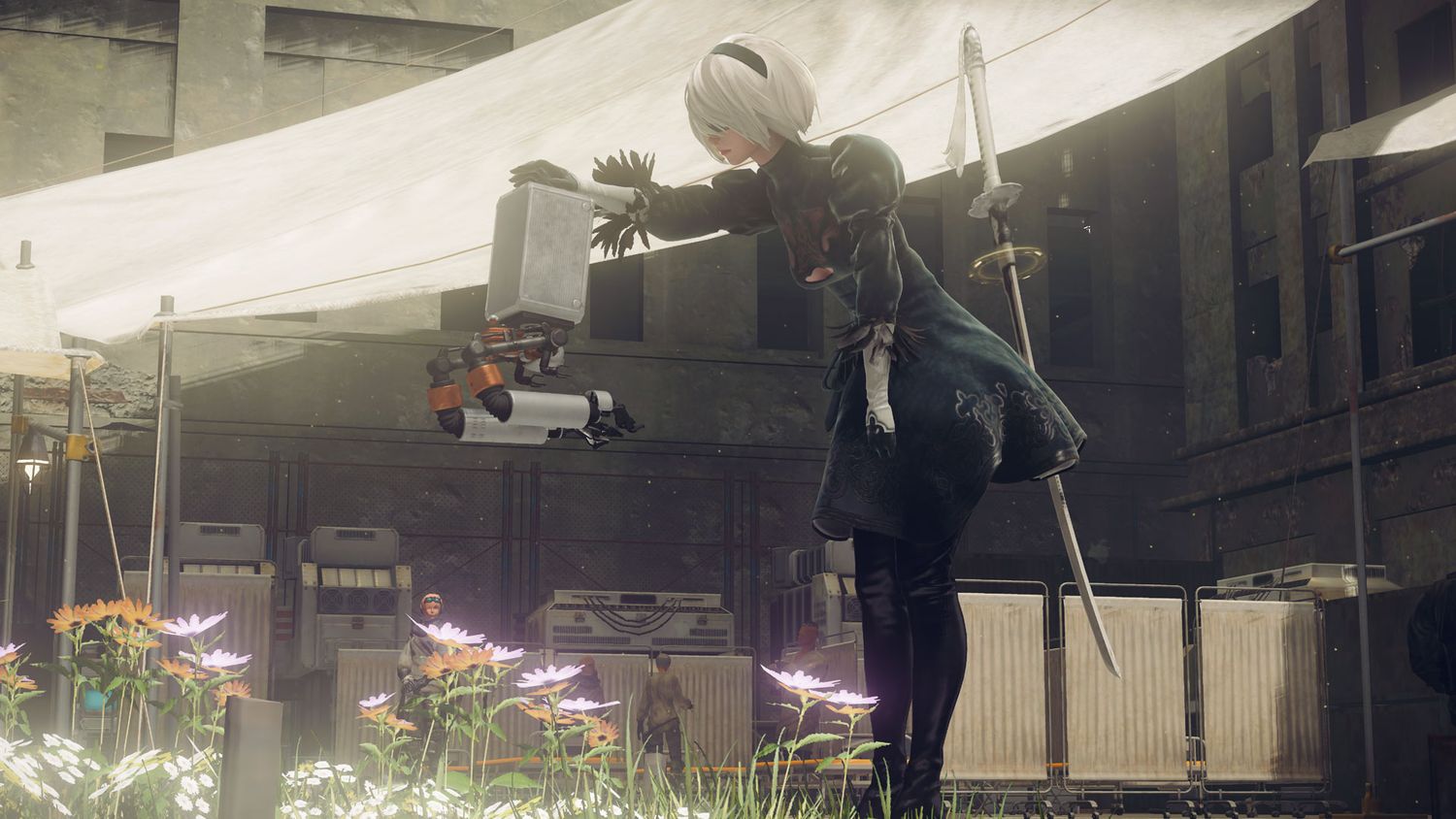 NieR Automata's 2B facing her companion robot and resting her hand on its chassis