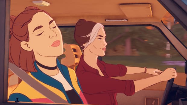 Open Roads' Tess and Opal are shown in an old, boxy '90s car, traveling down a rural road as the evening sun casts an orange glow