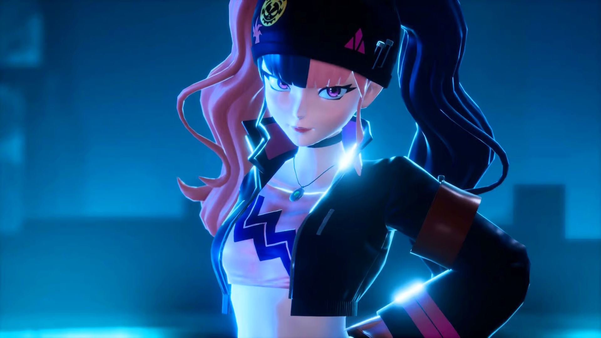 A Palworld boss with pink hair in pigtails, wearing a black leather jacket and jagged crop-top shirt, stands in the middle of a dark room. A blue glow from the center is the only source of light