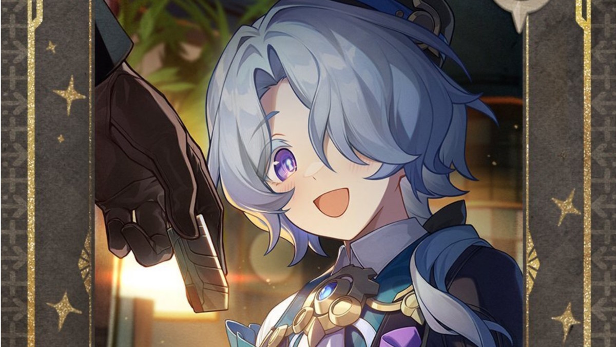 Honkai Star Rail's Misha is shown standing in a dimly lit room, his face lit by happiness as he accepts a small token from a patron