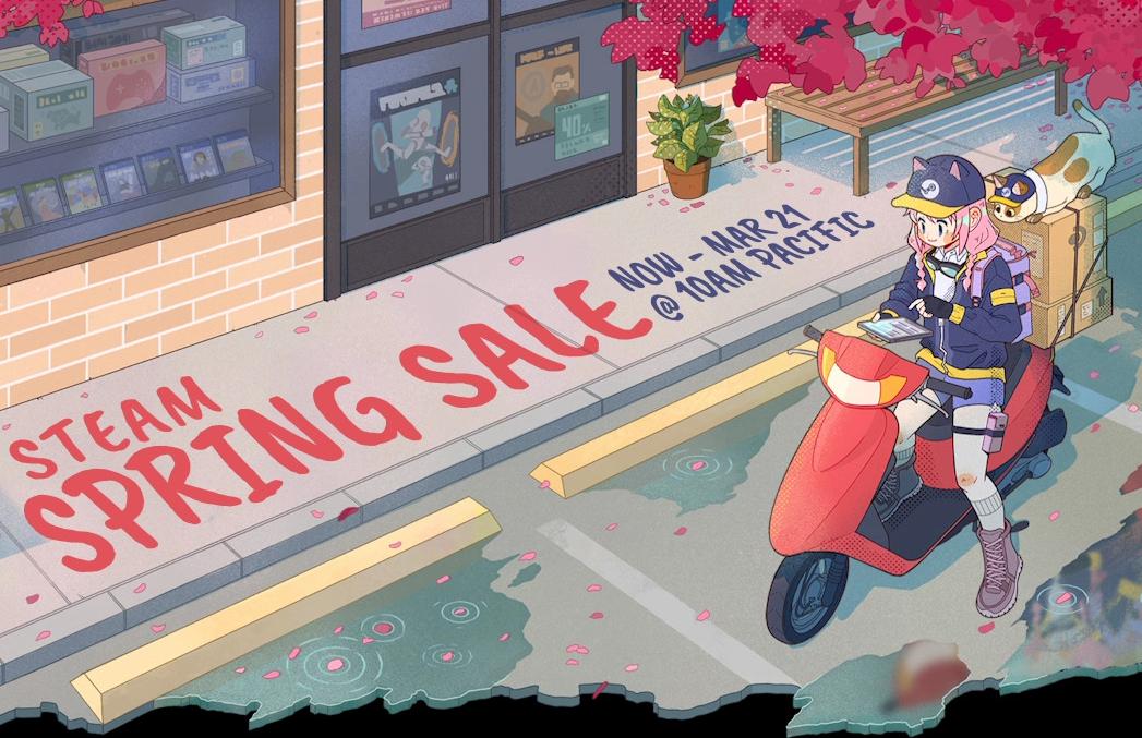 Steam Spring Sale 2024 poster showing the sale duration and a cartoon woman driving a motorcycle with a cat in the back.